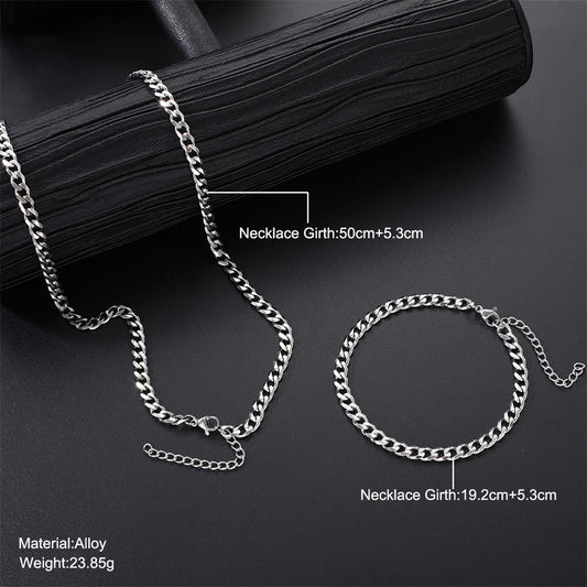 2pcs Street Stainless Steel Cuban Chain Necklace Bracelet