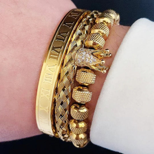 Luxury Set Crown Charms Man Bracelet Hand Bangles Roman Stainless Steel