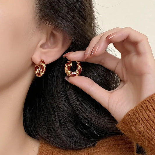 New Vintage Enamel Color Metal Texture Small Hoop Earrings