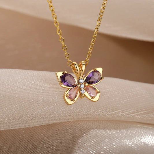 Cute Butterfly Necklace Stainless Steel Crystal Purple