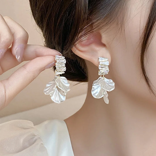 Korean White Shell Flower Petal Drop Earrings