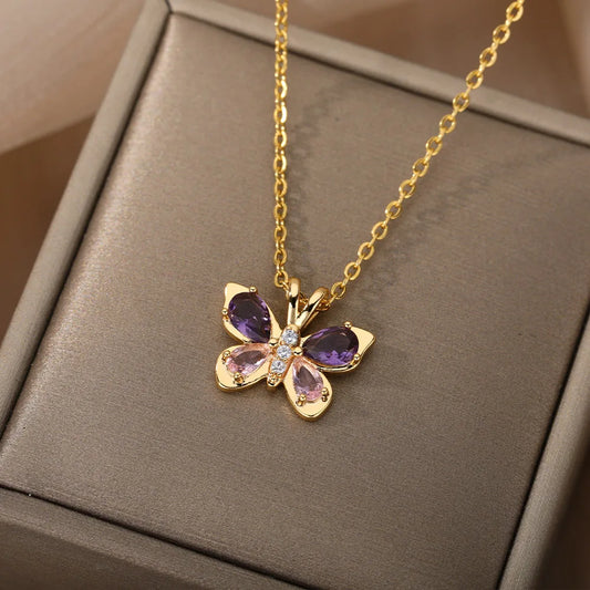 Cute Butterfly Necklace Stainless Steel Crystal Purple