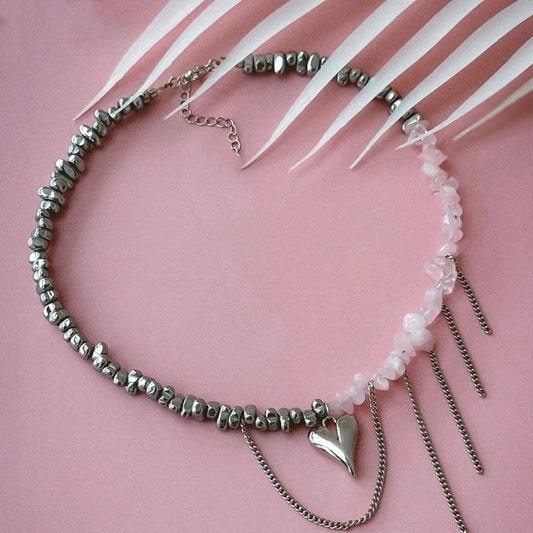 Elegant Irregular CCB &Pink Stone Beads Chain Heart Pendant Necklace