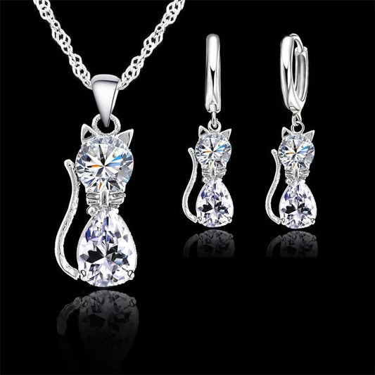 Real 925 Sterling Silver Cute Cat Pendant Necklace Earring.