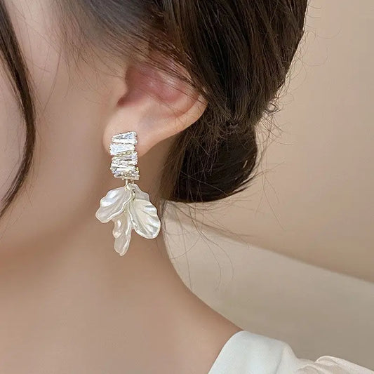 Korean White Shell Flower Petal Drop Earrings