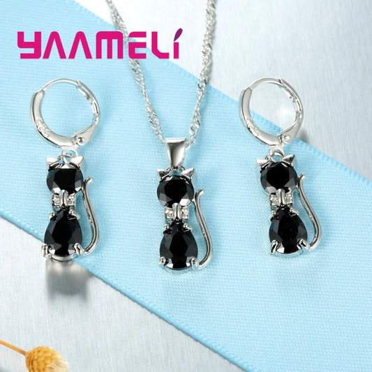 Real 925 Sterling Silver Cute Cat Pendant Necklace Earring.