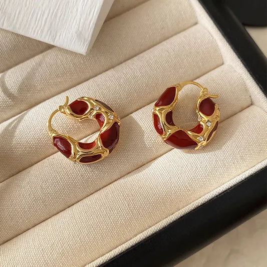 New Vintage Enamel Color Metal Texture Small Hoop Earrings
