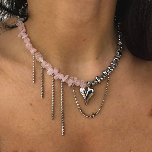 Elegant Irregular CCB &Pink Stone Beads Chain Heart Pendant Necklace