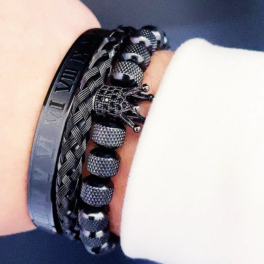 Luxury Set Crown Charms Man Bracelet Hand Bangles Roman Stainless Steel
